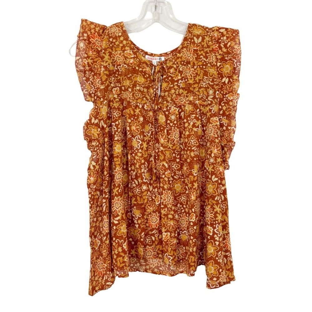 Sundry NEW Boho Floral Flutter Sleeve Top Lightweight Cotton - Size‎ 2, MEDIUM